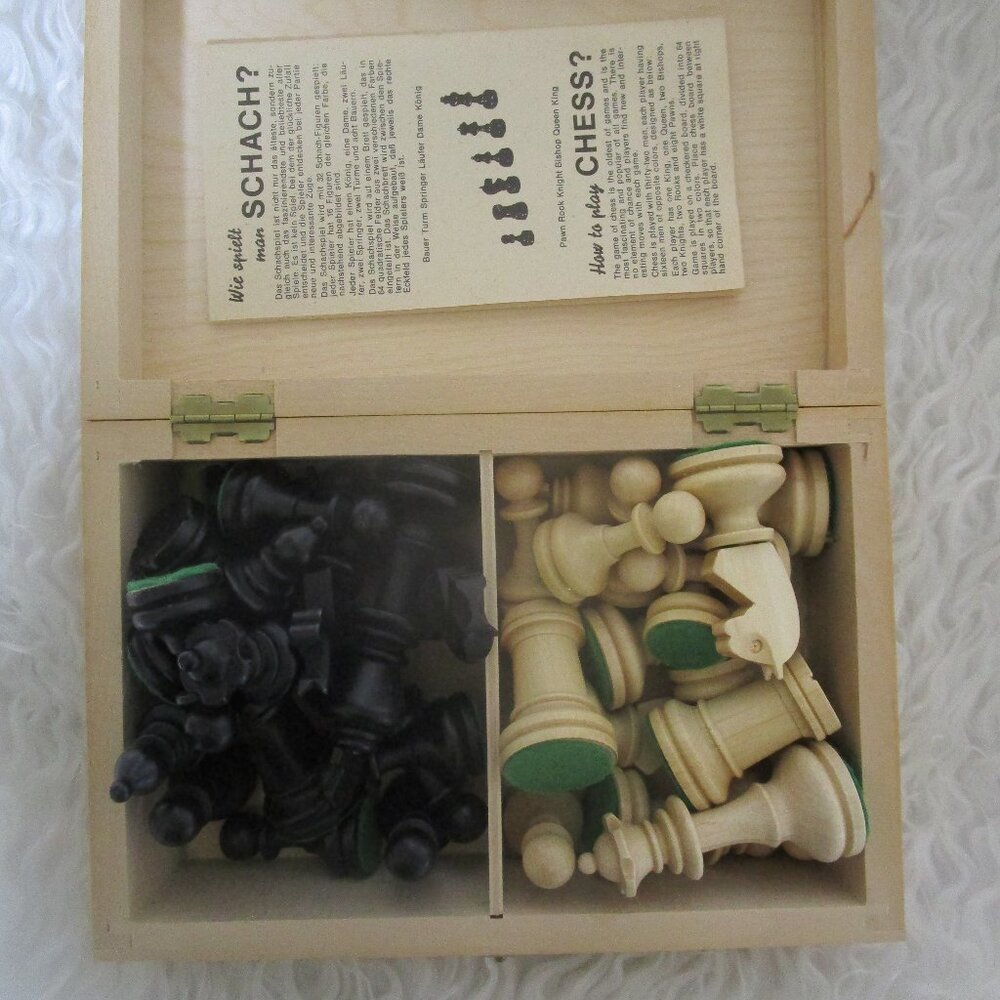 Vintage Carved Wooden Chess 33 Pieces West Germany Dovetail Wood Box EUC Schach